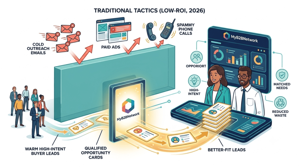 B2B Lead generation marketplace funnel illustration showing cold outreach and paid ads bouncing away while warm high-intent leads flow into MyB2BNetwork for better ROI.