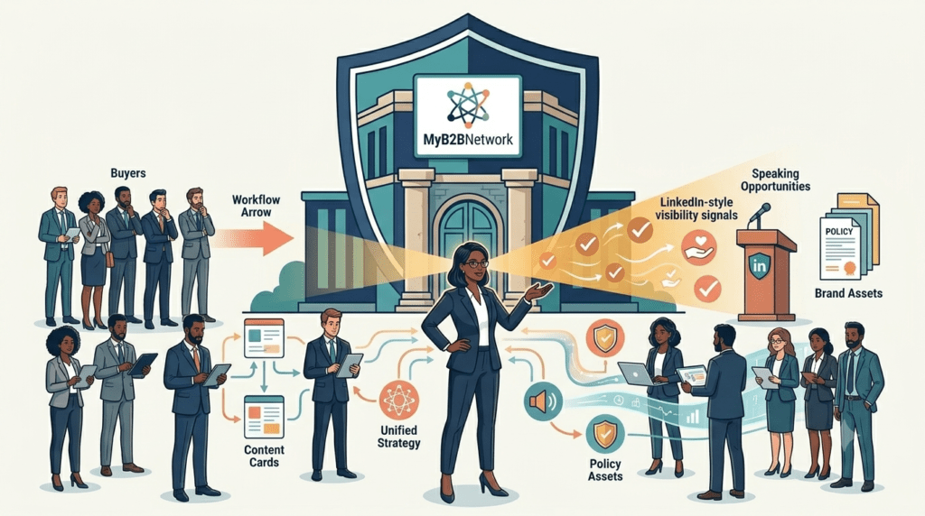 Personal vs company branding illustration showing a founder spotlight in front of a strong company brand building, with sales and marketing teams aligning around a unified brand strategy.