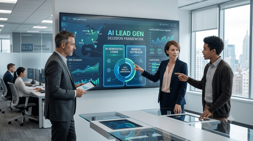 A collaborative business meeting in a modern, data-driven command center. A sales leader, a founder, and a demand generation team member are analyzing an complex "AI LEAD GEN DECISION FRAMEWORK" on a large digital screen, comparing data on "AI-Generated Leads" versus "Manual Outreach." The screen highlights "Cost, Quality, Conversion" metrics, "Verified B2B Intent Signals," and a "ROI Analysis" chart, within a bright office overlooking a city skyline.