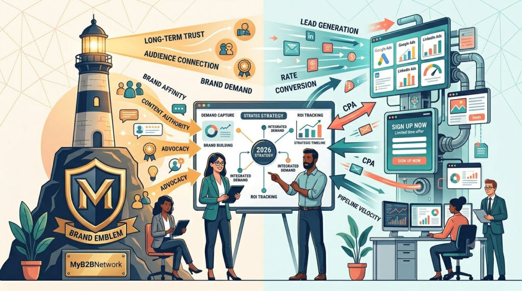 brand vs performance demand with a lighthouse of trust signals and a fast conversion engine, branded with MyB2BNetwork on a light corporate background.