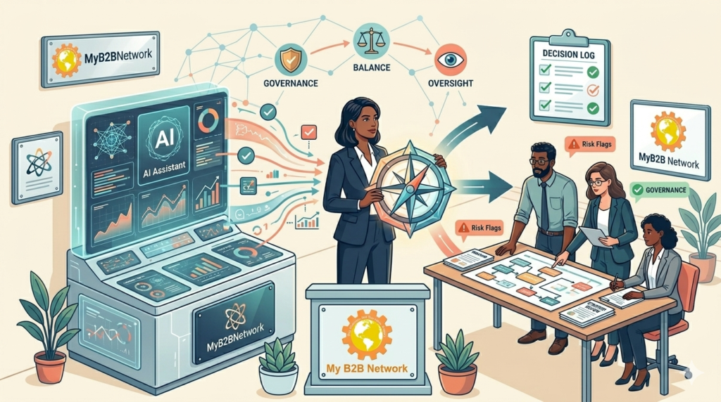 Human vs AI judgment in B2B decisions, showing a strategy leader balancing AI insights with human judgment, governance checks, and final approval.