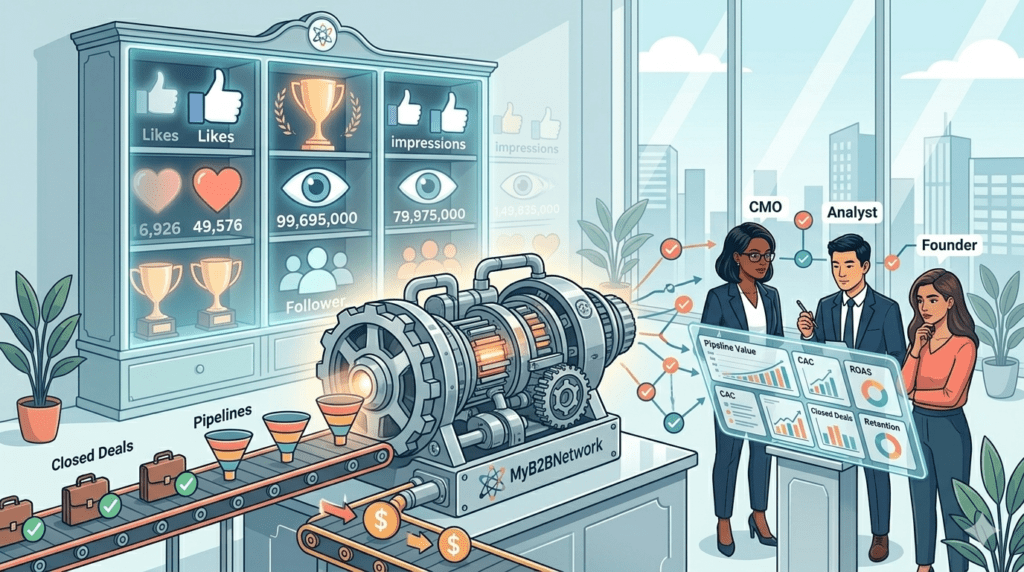 A revenue engine powering conversion, pipeline, and closed deals while vanity metrics like likes and impressions fade into the background, branded with MyB2BNetwork.