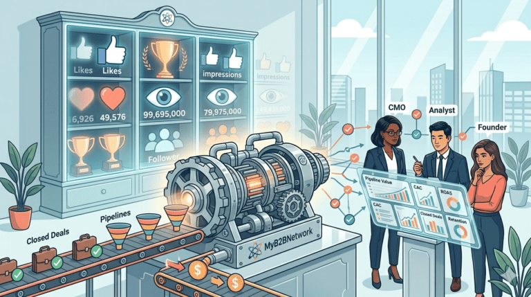 A revenue engine powering conversion, pipeline, and closed deals while vanity metrics like likes and impressions fade into the background, branded with MyB2BNetwork.