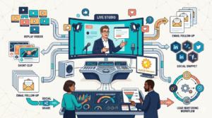Webinar content engine with replay video, short clips, email follow-up cards, and lead nurturing workflows, branded with MyB2BNetwork on a light corporate background.