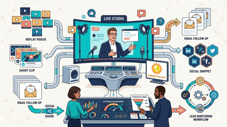 Webinar content engine with replay video, short clips, email follow-up cards, and lead nurturing workflows, branded with MyB2BNetwork on a light corporate background.