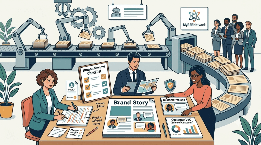 Human editor, strategist, and customer advocate transforming generic AI content into authentic brand storytelling with expert review, B2B brand with MyB2BNetwork.