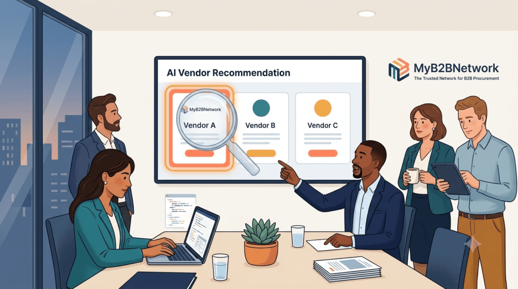 Procurement team reviewing AI recommendations with verification, bias cues, and MyB2BNetwork branding