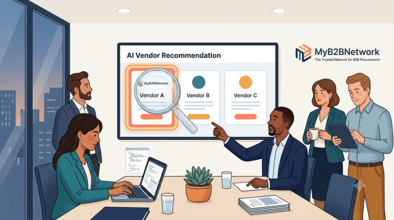 Procurement team reviewing AI recommendations with verification, bias cues, and MyB2BNetwork branding