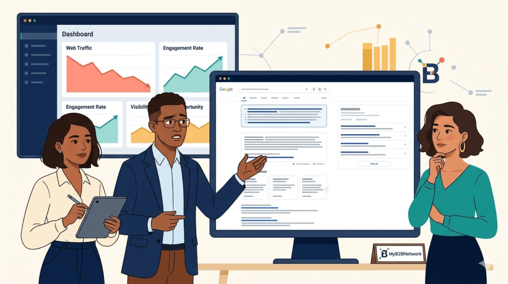 Zero-click search illustration showing a SEO manager and content strategist reviewing AI answers, snippets, and traffic loss with MyB2BNetwork branding on a light corporate background.