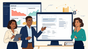 Zero-click search illustration showing a SEO manager and content strategist reviewing AI answers, snippets, and traffic loss with MyB2BNetwork branding on a light corporate background.