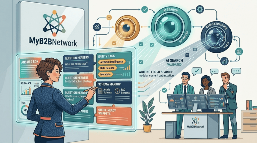 Content strategist shaping AI-searches-ready pages with answer boxes, question headers, entity tags, and quote-ready snippets, branded with MyB2BNetwork.

