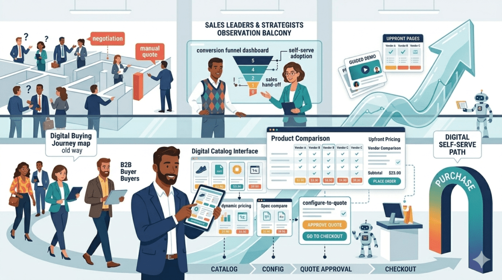 Self-serve B2B buyer using a digital buying portal with product comparisons, pricing, and guided demos while sales and marketing teams support from behind, with MyB2BNetwork branding.