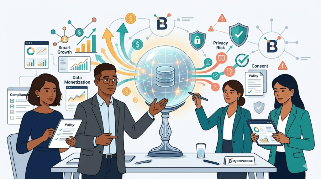 Premium illustration of data monetization balanced between business growth and privacy risk, with legal and compliance leaders reviewing consent, transparency, and MyB2BNetwork branding.