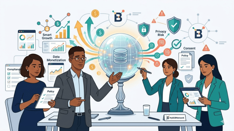 Premium illustration of data monetization balanced between business growth and privacy risk, with legal and compliance leaders reviewing consent, transparency, and MyB2BNetwork branding.