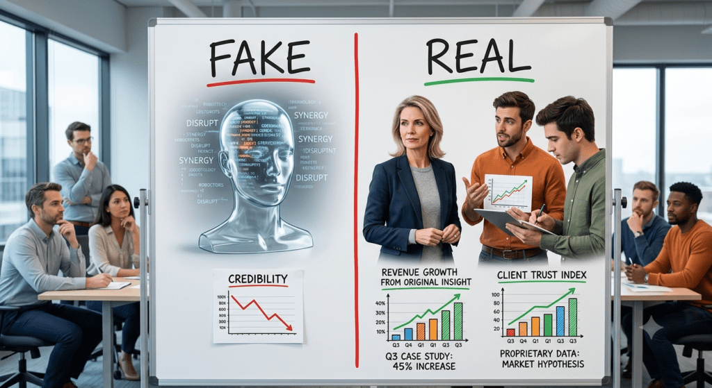 A conceptual image contrasts 'Fake' and 'Real' thought leadership on a split whiteboard in a B2B workshop. The left 'Fake' side shows a transparent, coding human bust with buzzwords 'DISRUPT' and 'SYNERGY' above a declining 'CREDIBILITY' chart. The right 'Real' side shows engaged professionals—a CEO, a founder, and a content team member—gesturing with data. Below them are charts showing 'REVENUE GROWTH' and 'CLIENT TRUST INDEX' with 'AUTHENTIC THOUGHT LEADERSHIP' annotations, illustrating data-backed strategy and genuine authority.