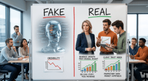 A conceptual image contrasts 'Fake' and 'Real' thought leadership on a split whiteboard in a B2B workshop. The left 'Fake' side shows a transparent, coding human bust with buzzwords 'DISRUPT' and 'SYNERGY' above a declining 'CREDIBILITY' chart. The right 'Real' side shows engaged professionals—a CEO, a founder, and a content team member—gesturing with data. Below them are charts showing 'REVENUE GROWTH' and 'CLIENT TRUST INDEX' with 'AUTHENTIC THOUGHT LEADERSHIP' annotations, illustrating data-backed strategy and genuine authority.