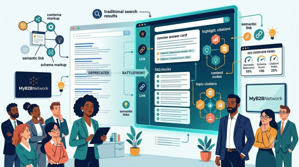 SEO lead and content strategist adapting to AI search with structured FAQs, topic clusters, answer cards, and MyB2BNetwork branding on a light corporate background.