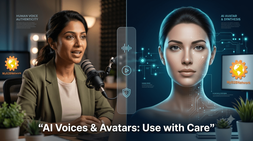  Split-screen image showing a human presenter speaking into a microphone on one side and an AI avatar on the other, with the headline “AI Voices & Avatars: Use with Care.”