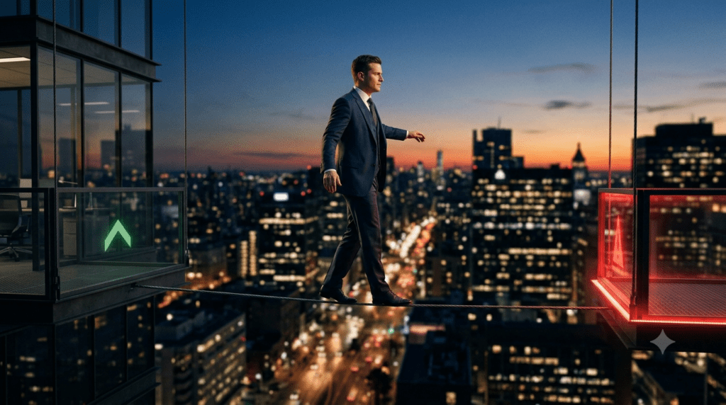 Illustration of a businessperson standing under a spotlight on the top rung of a color-graded ladder, symbolizing how B2B brand controversy requires climbing risk deliberately rather than leaping into it.