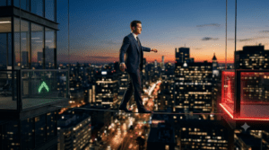 Illustration of a businessperson standing under a spotlight on the top rung of a color-graded ladder, symbolizing how B2B brand controversy requires climbing risk deliberately rather than leaping into it.