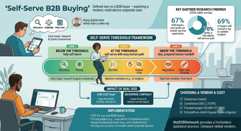 An infographic explaining self-serve B2B buying, illustrating the Self-Serve Threshold framework, Gartner research statistics, and implementation costs.
