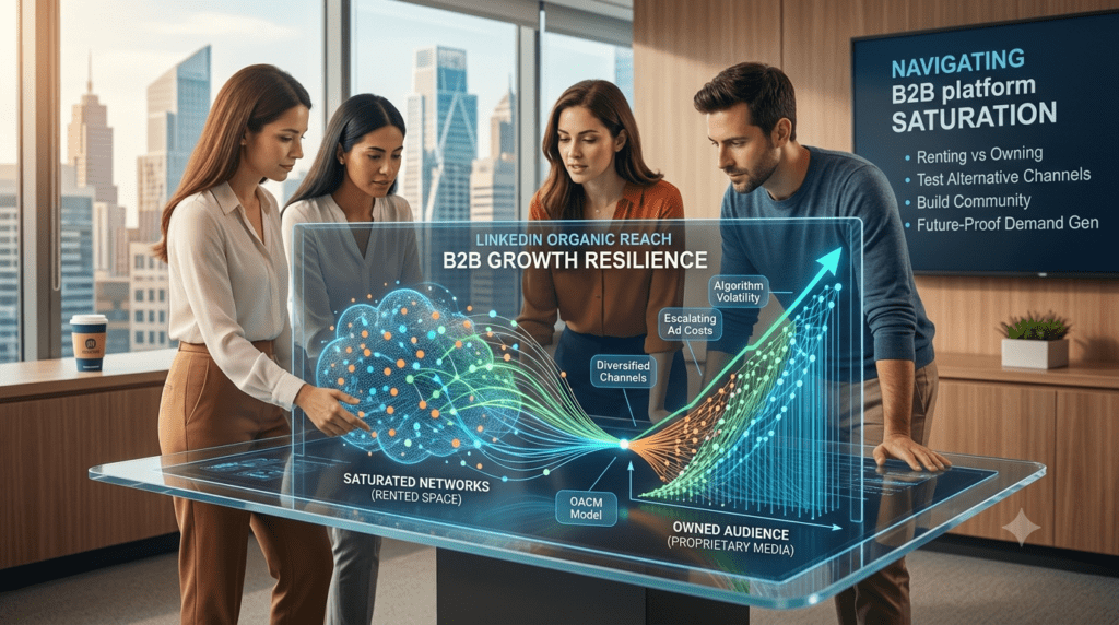 A professional team in a modern office uses a futuristic data table to analyze B2B growth and Linkedin saturation Growth.