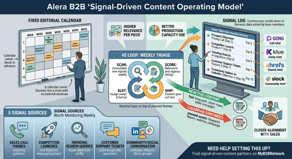 An infographic illustrating the 'Signal-Driven Content Operating Model' contrasting a 'Fixed Editorial Calendar' with a 'Signal Log.' A central four-step '4S Loop' (Scan, Score, Slot, Ship) visualizes the triage process for continuous market activity data from sources like Gong, Klue, Ahrefs, and Slack. It highlights advantages such as higher relevance and sales alignment, and lists '5 Signal Sources' worth monitoring.
