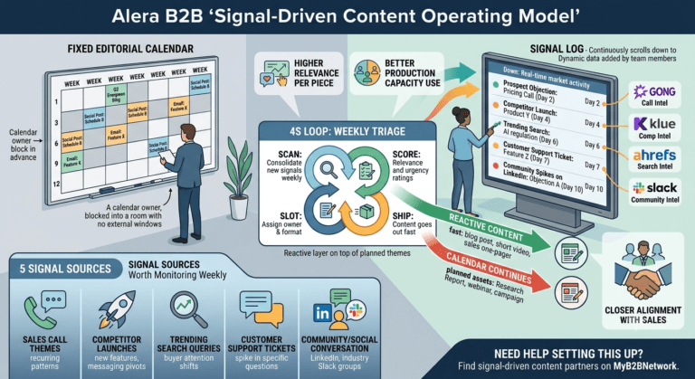 An infographic illustrating the 'Signal-Driven Content Operating Model' contrasting a 'Fixed Editorial Calendar' with a 'Signal Log.' A central four-step '4S Loop' (Scan, Score, Slot, Ship) visualizes the triage process for continuous market activity data from sources like Gong, Klue, Ahrefs, and Slack. It highlights advantages such as higher relevance and sales alignment, and lists '5 Signal Sources' worth monitoring.