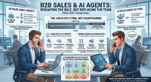 An infographic illustrating how AI sales agents are reshaping B2B sales roles by automating research and qualification while allowing human reps to focus on trust-building and negotiation.