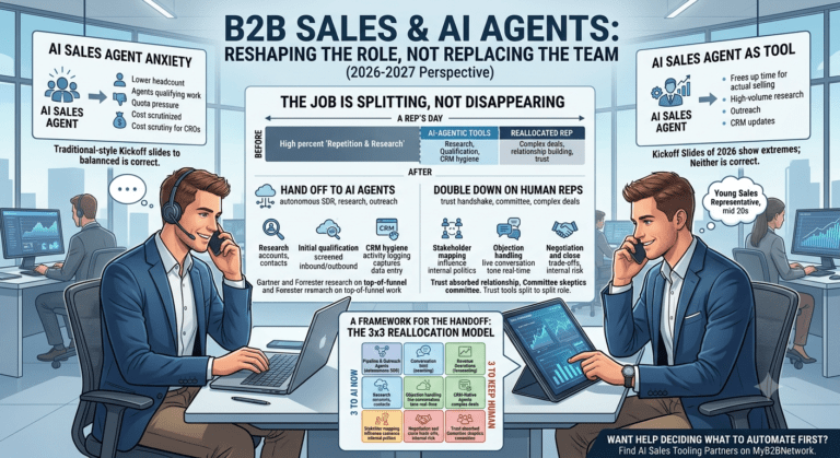 An infographic illustrating how AI sales agents are reshaping B2B sales roles by automating research and qualification while allowing human reps to focus on trust-building and negotiation.