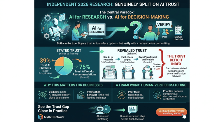 An infographic titled, 'Independent 2026 Research: Genuinely Split on AI Trust', which highlights the paradox between trusting AI for research and for decision-making. The graphic presents a flow comparing 'Stated Trust', citing research that 39% trust AI chatbots and 75% trust an AI vendor recommendation, to 'Revealed Trust', where data from TrustRadius shows that 94% of buyers still fact-check AI output, and many seek expert or peer verification. A vertical red bracket labels this gap as 'The Trust Deficit Index.' At the bottom, the infographic features a section on 'A Framework: Human-Verified Matching', with a call to action for the service, 'MyB2BNetwork'.
