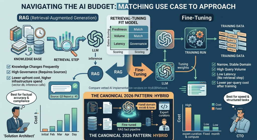 An infographic comparing RAG vs fine-tuning for enterprise AI, detailing cost structures, use cases, and a decision framework.