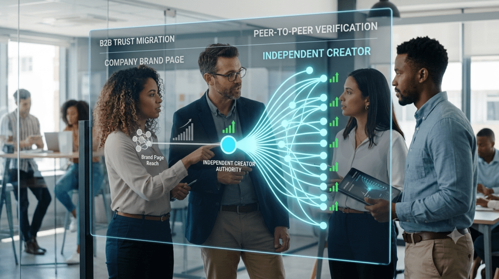 A collaborative team of B2B brand managers and comms leads gathers in a bright, modern corporate office to analyze a transparent digital display. The screen visualizes "B2B Trust Migration," showing a small data line for "Company Brand Page Reach" contrasting with a massive, expanding network of glowing teal connections labeled "Independent Creator Authority" and "Peer-to-Peer Verification." One strategist points out the data trends to her colleagues, emphasizing the shift toward human-driven distribution channels.