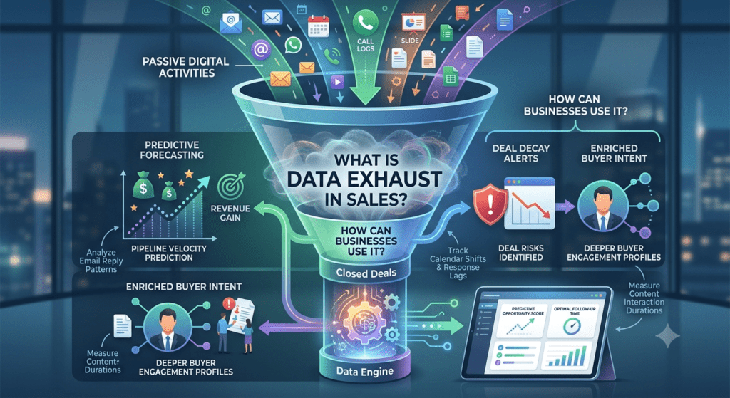 A conceptual infographic diagram illustrating how "data exhaust in sales" is transformed into revenue analytics. At the top, "PASSIVE DIGITAL ACTIVITIES" like email icons, calendar events, call logs, and slide views flow down into a large, blue central funnel labeled "WHAT IS DATA EXHAUSTs IN SALES?". The funnel funnels data into a mechanical "Data Engine" that branches out into multiple actionable outcomes. On the left, it shows "PREDICTIVE FORECASTING," "PIPELINE VELOCITY PREDICTION," and "REVENUE GAIN" line graphs. On the right, it displays "DEAL DECAY ALERTS," "DEAL RISKS IDENTIFIED" charts, and "ENRICHED BUYER INTENT" user icons representing deeper buyer engagement profiles. At the bottom right, a modern tablet displays dashboards tracking predictive opportunity scores and optimal follow-up times, set against a dark city office background.
