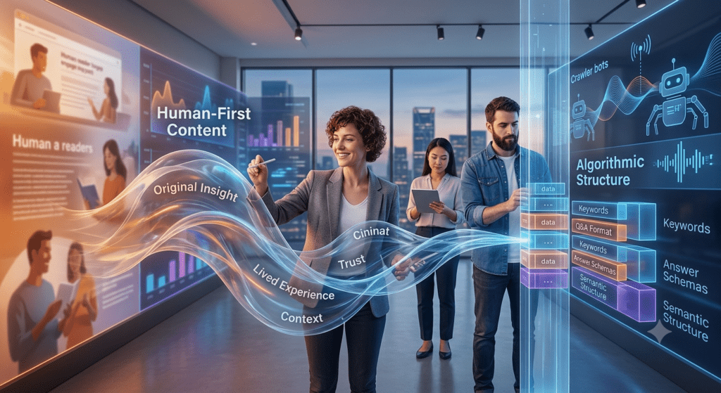 Three professionals in a high-tech data command center analyze content strategy. A central figure handles a glowing energy aura with labels for 'Contextual Relevance', 'User Experience', and 'Brand Narrative'. The main background display features large headers: 'Human-First Content' with demographic charts and 'Algorithmic Structure' with schema lists. All text is clearly spelled and integrated into the data visualizations, illustrating the synthesis of creativity and analytics.