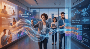 Three professionals in a high-tech data command center analyze content strategy. A central figure handles a glowing energy aura with labels for 'Contextual Relevance', 'User Experience', and 'Brand Narrative'. The main background display features large headers: 'Human-First Content' with demographic charts and 'Algorithmic Structure' with schema lists. All text is clearly spelled and integrated into the data visualizations, illustrating the synthesis of creativity and analytics.