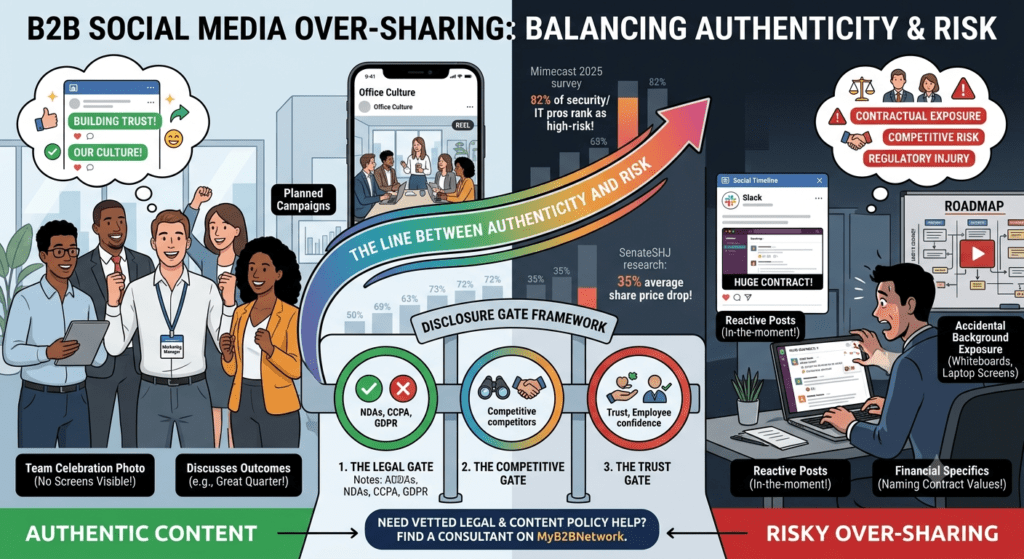 An infographic balancing authentic business social media marketing with oversharing risks, highlighting the three-part Disclosure Gate Framework.