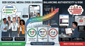 An infographic balancing authentic business social media marketing with oversharing risks, highlighting the three-part Disclosure Gate Framework.