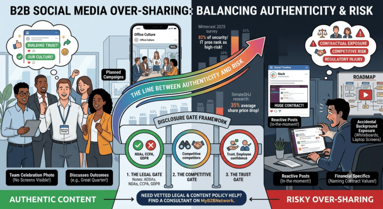 An infographic balancing authentic business social media marketing with oversharing risks, highlighting the three-part Disclosure Gate Framework.