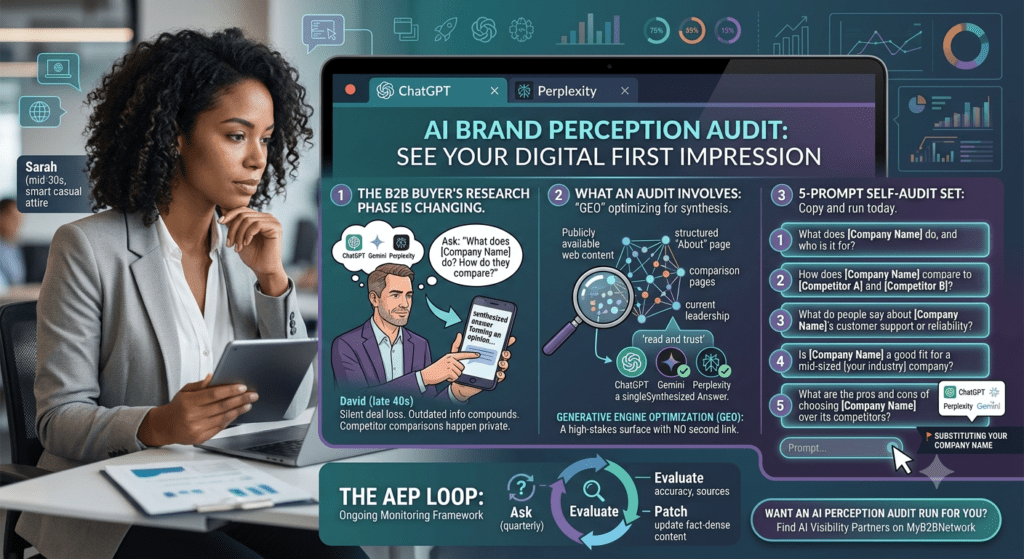 A businesswoman performs an AI brand perception audit on her laptop, with infographic overlays detailing the self-audit prompts and monitoring loop.