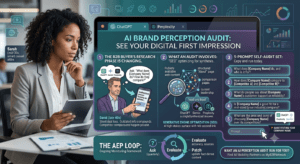 A businesswoman performs an AI brand perception audit on her laptop, with infographic overlays detailing the self-audit prompts and monitoring loop.