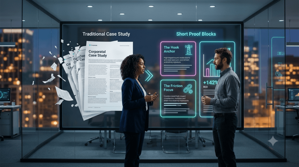 An editorial team in a glass-walled conference room transitions long, bulky PDF documents on a digital display into modular, glowing data cards labeled "Short Proof Blocks" to accelerate the sales pipeline.