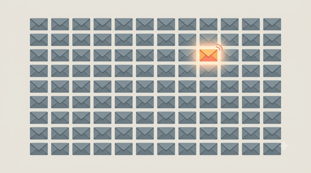 Illustration of one glowing envelope standing out among rows of dim, ignored envelopes, representing how cold outreach in 2026 succeeds through relevance and timing rather than volume.