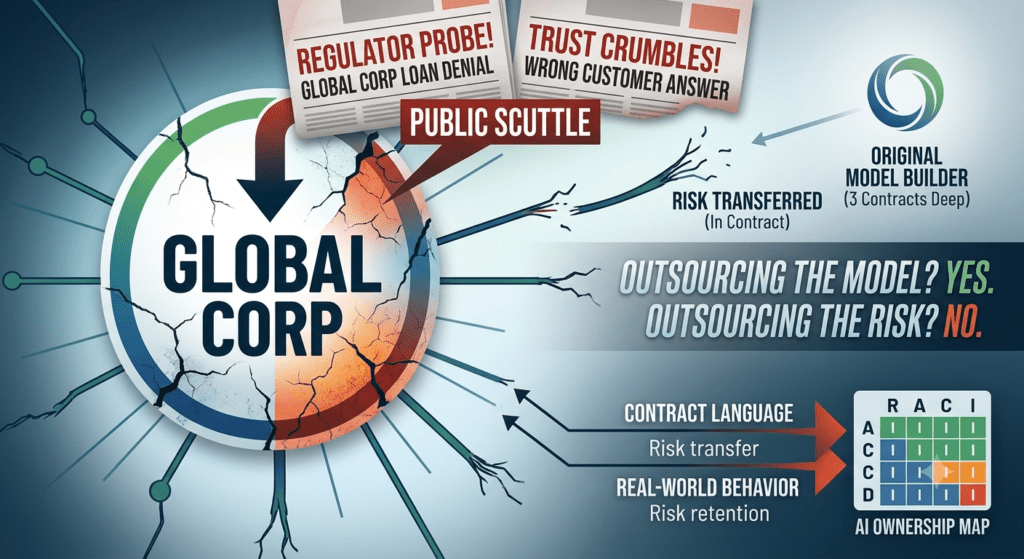 Here is the image for the article on AI governance outsourcing. It illustrates the central theme of a business facing accountability and scrutiny for a third-party AI model's failure, highlighting the complex web of contracts and the ultimate concentration of risk on the company closest to the customer.