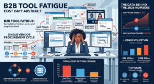 An infographic visualizing B2B tool fatigue as a stressed worker at multiple screens, with charts showing high financial and time costs.
