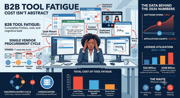 An infographic visualizing B2B tool fatigue as a stressed worker at multiple screens, with charts showing high financial and time costs.