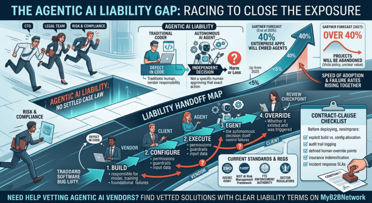 An infographic detailing the Agentic AI liability gap, depicting executives navigating autonomous risk, the Liability Handoff Map, and contract checklists.