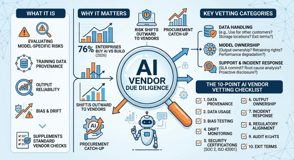 An informative infographic titled "AI Vendor Due Diligence" structured into four distinct sections over a light blue background.