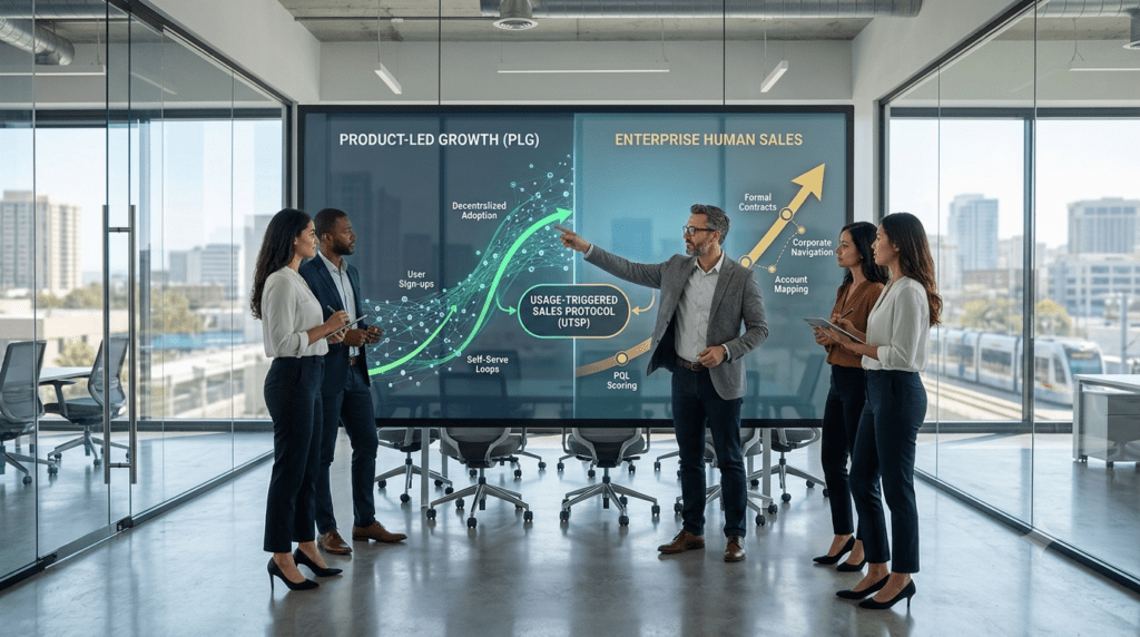 A professional team collaborates in a modern conference room around a large interactive digital wall display. The screen presents a split data visualization: 'PRODUCT-LED GROWTH (PLG)' is shown on the left as a dynamic network of interconnected nodes and upward-trending green curves representing user signals and decentralized adoption; 'ENTERPRISE HUMAN SALES' is shown on the right as a streamlined, ascending gold arrow navigating through complex milestones, contracts, and corporate hierarchy. The team discusses the strategic implementation of the 'Usage-Triggered Sales Protocol (UTSP)' shown on the screen, aiming to bridge the two motions