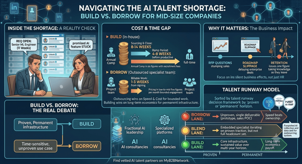 An infographic titled 'Navigating the AI Talent Shortage: Build vs. Borrow for Mid-Size Companies,' comparing in-house hiring and outsourced teams, with charts on cost and time gaps, the business impact, and a 'Talent Runway Model' decision framework.